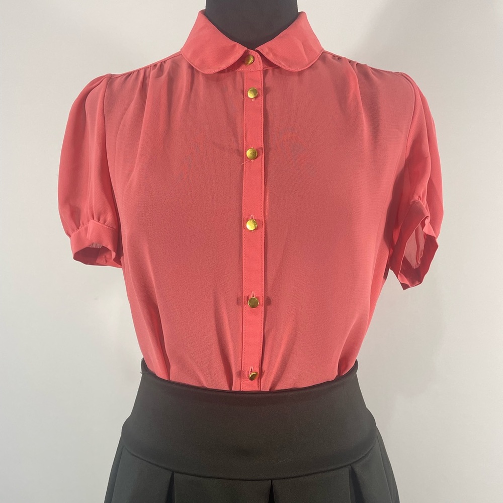 Coral, short sleeve, gold button up shirt,Sheer,bow tie,size Medium - Picture 9 of 9